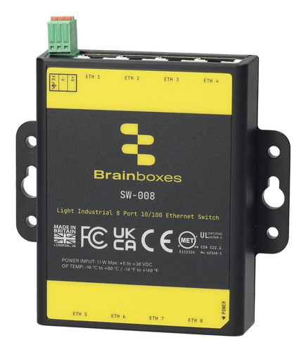 Brainboxes SW-008 сетевой коммутатор Неуправляемый L2 Fast Ethernet (10/100) DIN-рейка Черный, Зеленый