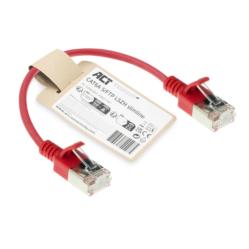 ACT Rode 0.15 meter LSZH S/FTP CAT6A slimline patchkabel snagless met RJ45 connectoren, afbeelding 2