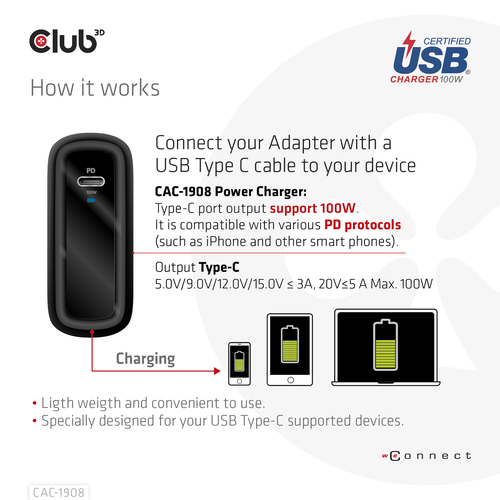 Club3D CAC-1908EU GAN Travel Adapter 100Watt USB-C PD Sort – billede 5