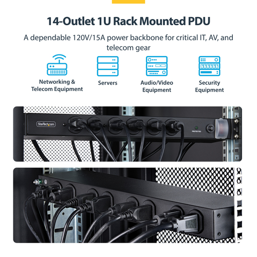 StarTech.com 14-Outlet Rackmount PDU, 1U Server Power Strip with 6x Front and 8x Rear Ports, Mounted Power Distribution Unit for 19-Inch Racks and Cabinets – image 9
