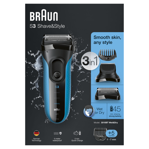 Braun Series 3 Shave&Style 3010BT Electric Shaver, Wet & Dry Razor for Men, Black/Blue – image 2