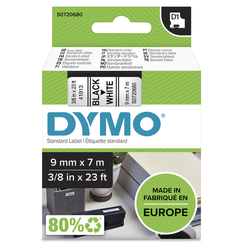 Dymo D1 Tape for Labelmakers 9mmx7m Black on White - 40913 S0720680 - image 1