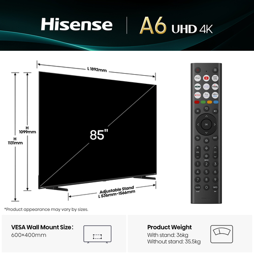 85" Hisense A6Q LED 4K Hdr Smart TV with Freely - 85A6QTUK, Black - image 5