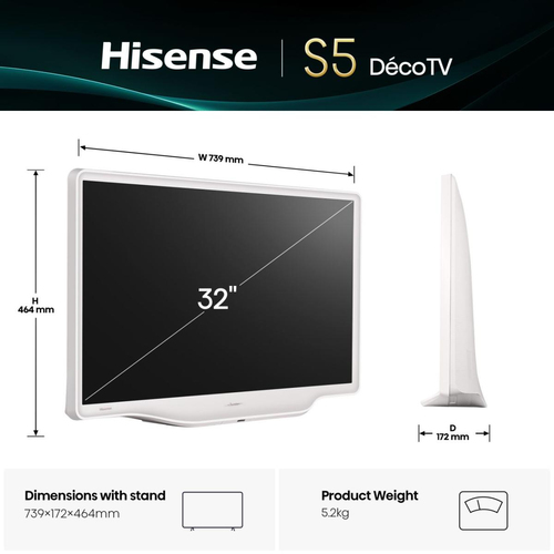 32" Hisense Deco 32S5QTUK Smart Full HD Hdr LED TV with Freely - White - image 2