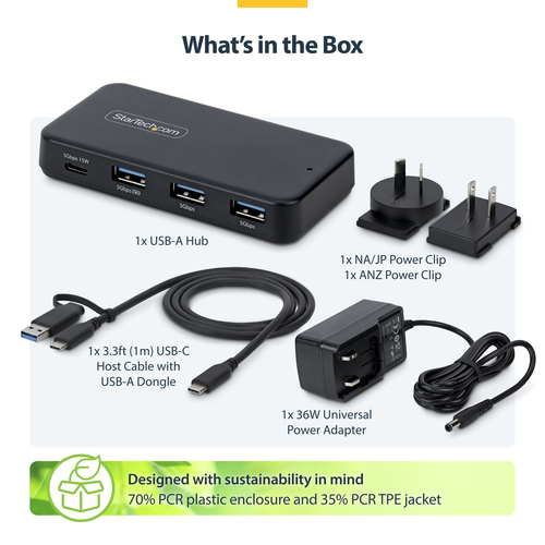 StarTech.com 4-Port USB-C and USB-A Hub, 5Gbps, Self-Powered, 2-in-1 USB-C and USB-A Host Cable, 1x USB-C and 3x USB-A (1x BC 1.2) – image 4