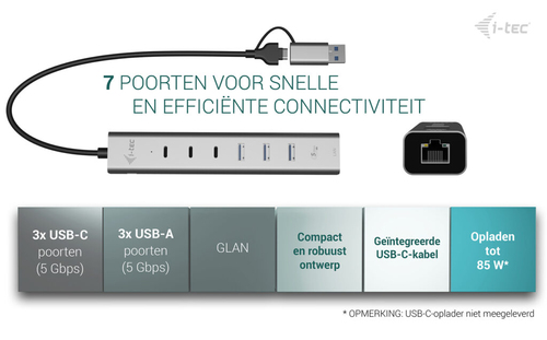 i-tec USB-C/USB-A Metal HUB 6 port (3x USB-C, 3x USB-A), LAN, Power Delivery 85W