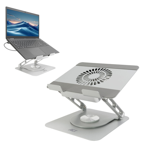 ACT Laptopstandaard 360° draaibaar. met ventilator. traploos in hoogte verstelbaar