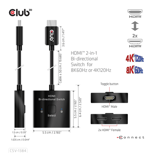 Club 3D HDMI switch 2-in-1 bi-directional for 8K60Hz or 4K120Hz, afbeelding 7