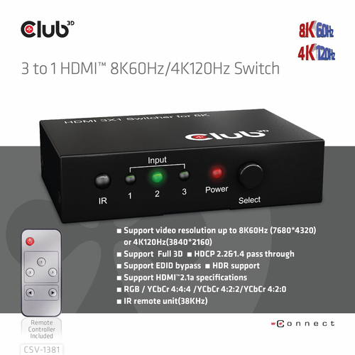 Club 3D 3 - 1 HDMI Switch 8K 60Hz / 4K 120Hz, afbeelding 8