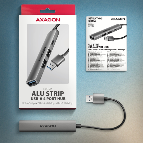 Axagon HUB USB HUE-STA, 4x USB ALU STRIP hub, 1x USB-A 5Gbps, 2x USB-A & 1x USB-C 480Mbps, kabel USB-A 12cm – image 6