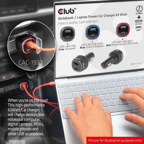 Club 3D Notebook / Laptop autolader 63 Watt oplader, afbeelding 4