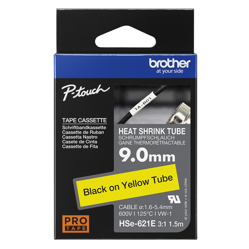 Brother Hse Heat Shrink Tube Tape 9mm x 1.5m Black on Yellow HSE621E - image 2