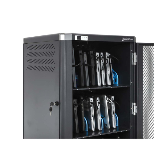 Manhattan Laadtrolley voor 30 laptops (tot 16"), laden via interne AC-adapters (EU) (installatie van voedingskabels van apparaten vereist), geschikt voor ALLE laptops, iPad, MacBook en Chromebook, vakken 380×30×280 mm, landkast, afsluitbaar