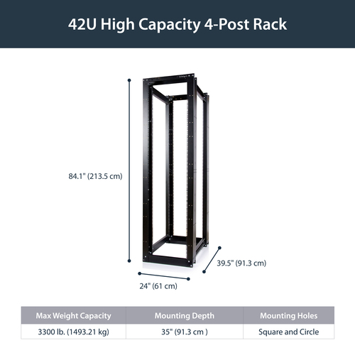 StarTech.com 45U 3300lb High Capacity 4 Post Open Server Equipment Rack - Flat Pack – image 5