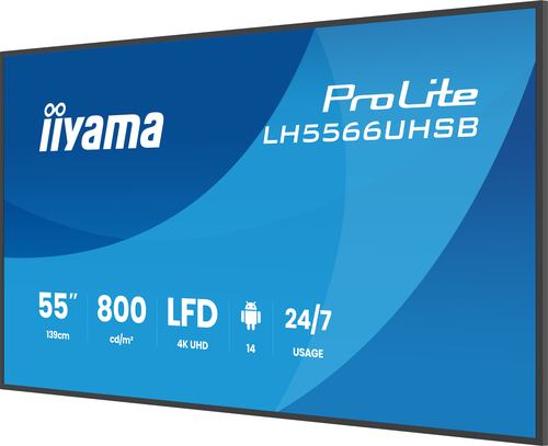 iiyama LH5566UHSB-B1AG pantalla de señalización Pantalla plana para señalización digital 139,7 cm (55") LCD Wifi 800 cd / m² 4K Ultra HD Negro Procesador incorporado Android 24/7