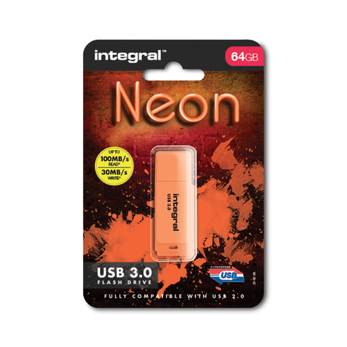 Integral 64GB USB3.0 DRIVE NEON ORNG UP TO R-100 W-30 MBS – image 2