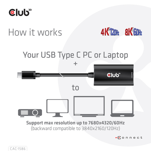 CLUB3D USB Gen2 Type C to HDMI™ 4K120Hz HDR10 with DSC 1.2 Active Adapter M/F – image 5