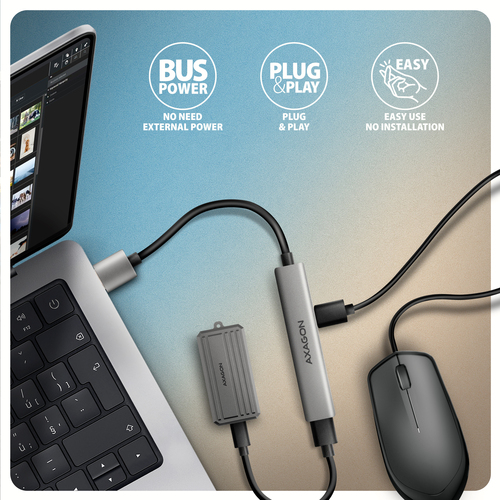 Axagon HUB USB HUE-STA, 4x USB ALU STRIP hub, 1x USB-A 5Gbps, 2x USB-A & 1x USB-C 480Mbps, kabel USB-A 12cm – image 4