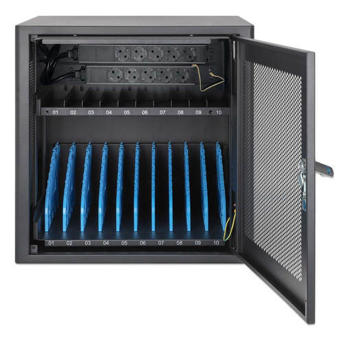 Manhattan Laadkast voor 10 laptops (tot 16"), laden via interne AC-adapters (EU) (installatie van voedingskabels van apparaten vereist), geschikt voor ALLE laptops, iPad, MacBook en Chromebook, vakken 380×30×280 mm, laadtrolley, afsluitbaar