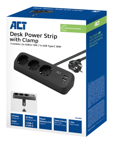 ACT AC2480 Schreibtisch-Steckdosenleiste 3-fach 1,5 Meter 3x USB 30 W Schwarz – Foto 2 von 2