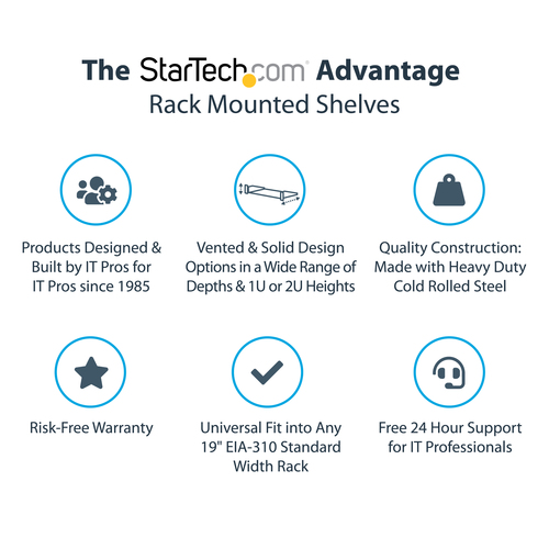 StarTech.com 2U Server Rack Shelf - Universal Vented Cantilever Tray for 19 Network Equipment Rack & Cabinet - Heavy Duty Steel - 50lb - 16 Deep (CABSHELFV) Rackhylde Sort – billede 4