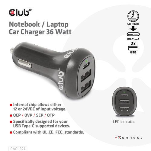 Club 3D Notebook / Laptop autolader 36 Watt oplader, afbeelding 2