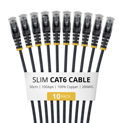 Startech.COM 50CM Black Slim CAT6 Cable, 10 Pack, Lifetime
