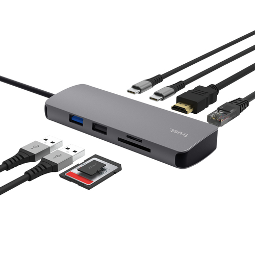 Trust DALYX 8-IN-1 MULTIPORT ADAPTER USB Hub Grijs, afbeelding 2