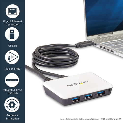StarTech.com USB 3.0 to Gigabit Ethernet NIC Network Adapter with 3 Port Hub - White – image 7