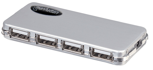 Manhattan USB-A 4-Port Micro Hub, 4x USB-A Ports, 480 Mbps (USB 2.0) AC Power, Hi-Speed USB, Silver, Three Year Warranty, Blister (With Euro 2-pin plug)