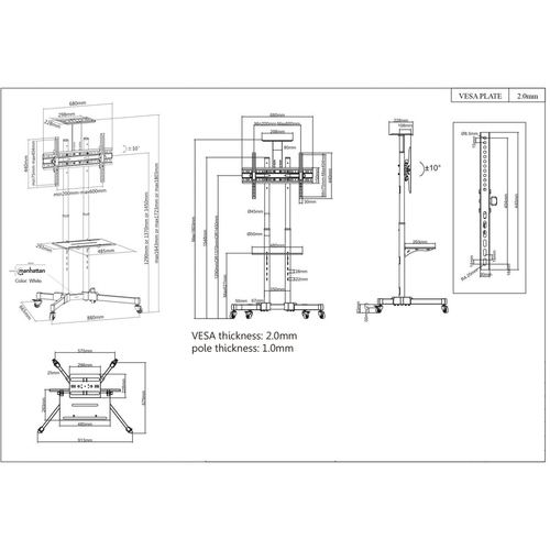 Manhattan Soporte con carrito para TV/monitores, pantallas 37"–65", Compatibilidad VESA: de 200x200 a 600x400 mm (verifique las dimensiones de los cuatro orificios de montaje traseros), carga máxima 40 kg, negro imagen 12