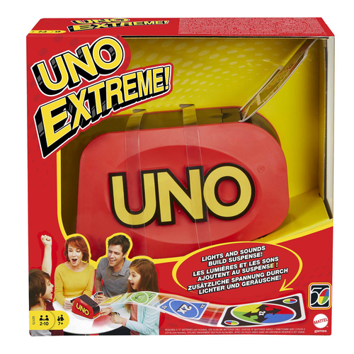 Mattel Games UNO Extreme is the updated version of the classic family card game, featuring lights, sounds and a random-action launcher! Great gift for ages 7+.