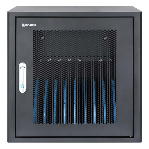 Manhattan Laadkast voor 10 laptops (tot 16"), laden via interne AC-adapters (EU) (installatie van voedingskabels van apparaten vereist), geschikt voor ALLE laptops, iPad, MacBook en Chromebook, vakken 380×30×280 mm, laadtrolley, afsluitbaar