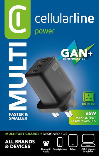 Cellularline ACHUSBGAN3PD65WUKK mobile device charger Laptop, Universal Black AC Fast charging Indoor