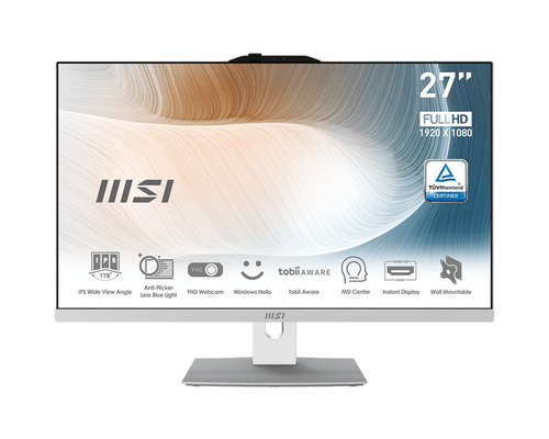 MSI Modern AM272P 12M-018DE Intel® Core™ i5 i5-1240P 68,6 cm (27") 1920 x 1080 пикселей ПК все в одном 8 GB DDR4-SDRAM 512 GB Твердотельный накопитель (SSD) Windows 11 Home Wi-Fi 6 (802.11ax) Белый