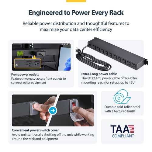 StarTech.com 12-Outlet Horizontal Rack Mount Metered PDU, 1U Server Power Strip w/Surge Protector – image 9