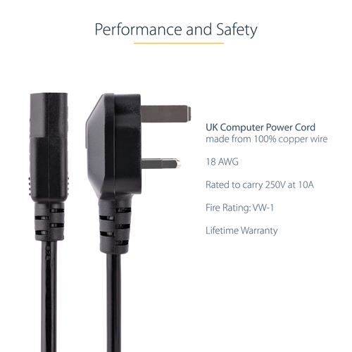 StarTech.com 10ft (3m) UK Computer Power Cable, 18AWG, BS 1363 to C13 Power Cord, 10A 250V, Black Replacement AC Power Cord, TV/Monitor Power Cable, BS 1363 to IEC 60320 C13 Kettle Lead - Power Supply Cable Strømkabel 3m Sort – billede 7