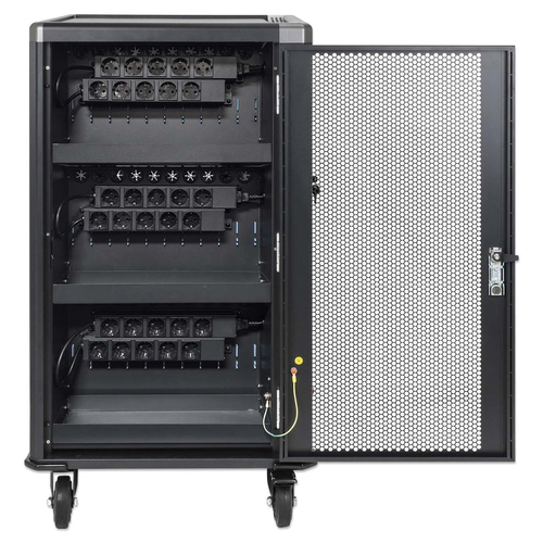 Manhattan Laadtrolley voor 30 laptops (tot 16"), laden via interne AC-adapters (EU) (installatie van voedingskabels van apparaten vereist), geschikt voor ALLE laptops, iPad, MacBook en Chromebook, vakken 380×30×280 mm, landkast, afsluitbaar