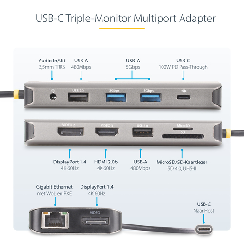 StarTech.com USB-C Triple-Monitor Multiport Adapter, HDMIDPCard Reader - Dockingstation, afbeelding 7
