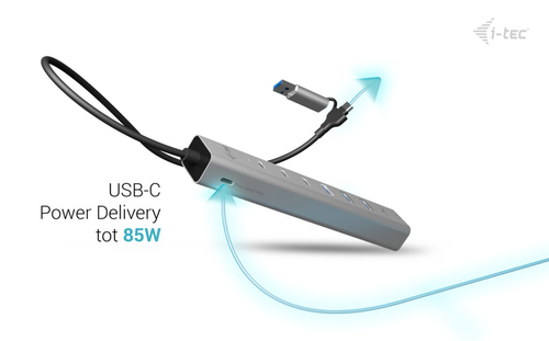 i-tec USB-C/USB-A Metal HUB 6 port (3x USB-C, 3x USB-A), LAN, Power Delivery 85W