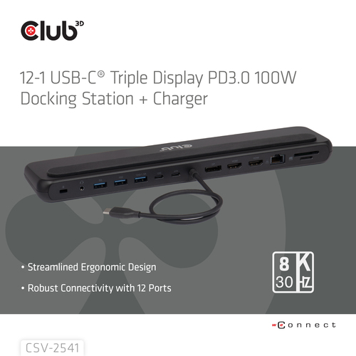 Club 3D 12-1 USB-C Triple Display PD3.0 100W Docking Station + Charger dockingstation, afbeelding 6