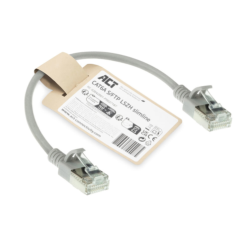 ACT Grijze 0.15 meter LSZH S/FTP CAT6A slimline patchkabel snagless met RJ45 connectoren, afbeelding 2