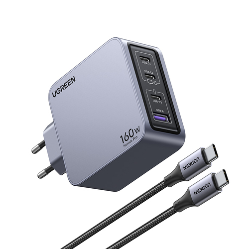 Ugreen Nexode Pro 160W GaN Charger with USB-C Cable Универсальная Черный, Серый Кабель переменного тока Быстрая зарядка Для помещений