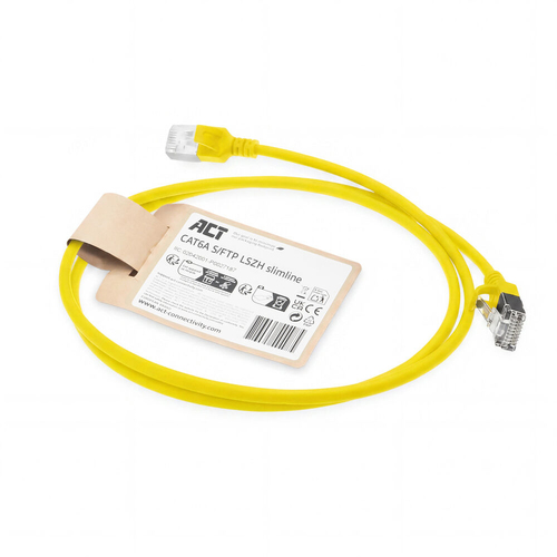 ACT Gele 0.5 meter LSZH S/FTP CAT6A slimline patchkabel snagless met RJ45 connectoren, afbeelding 2