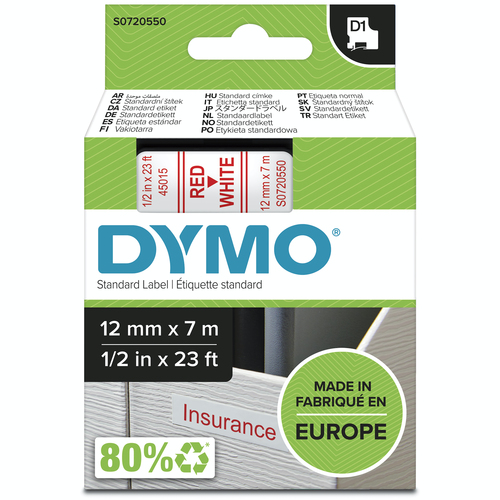 Dymo D1 Tape for Labelmakers 12mmx7m Red on White - 45015 S0720550 - image 1