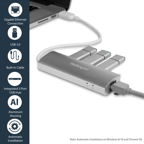 StarTech.com 3-Port USB Hub with Ethernet, USB-A Ports, Gigabit Ethernet/GbE, USB 5Gbps, Rugged Design, Bus-Powered, Portable Laptop USB 3.0 Hub – image 8