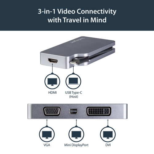 StarTech.com USB C Multiport Video Adapter with HDMI, VGA, Mini DisplayPort or DVI - USB Type C Monitor Adapter to HDMI 1.4 or mDP 1.2 (4K) - VGA or DVI (1080p) – image 7