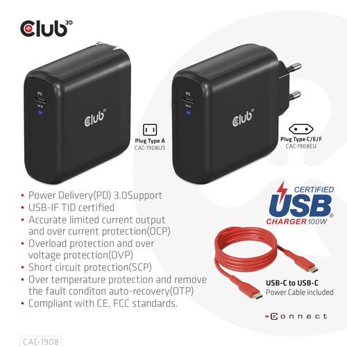Club3D CAC-1908EU GAN Travel Adapter 100Watt USB-C PD Sort – billede 8