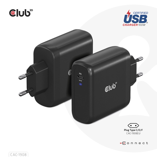 Club3D CAC-1908EU GAN Travel Adapter 100Watt USB-C PD Sort – billede 2