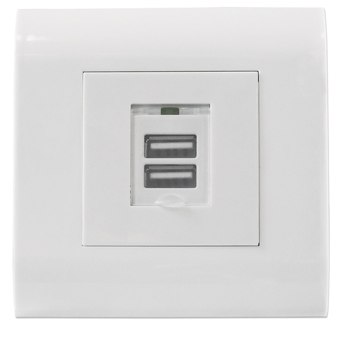 Intellinet 2-Port USB-A Wall Outlet with Faceplate, Two Charging Ports with Safety Cover, 5 V / 2.1 A Output, 80 x 80 European Faceplate Hvid